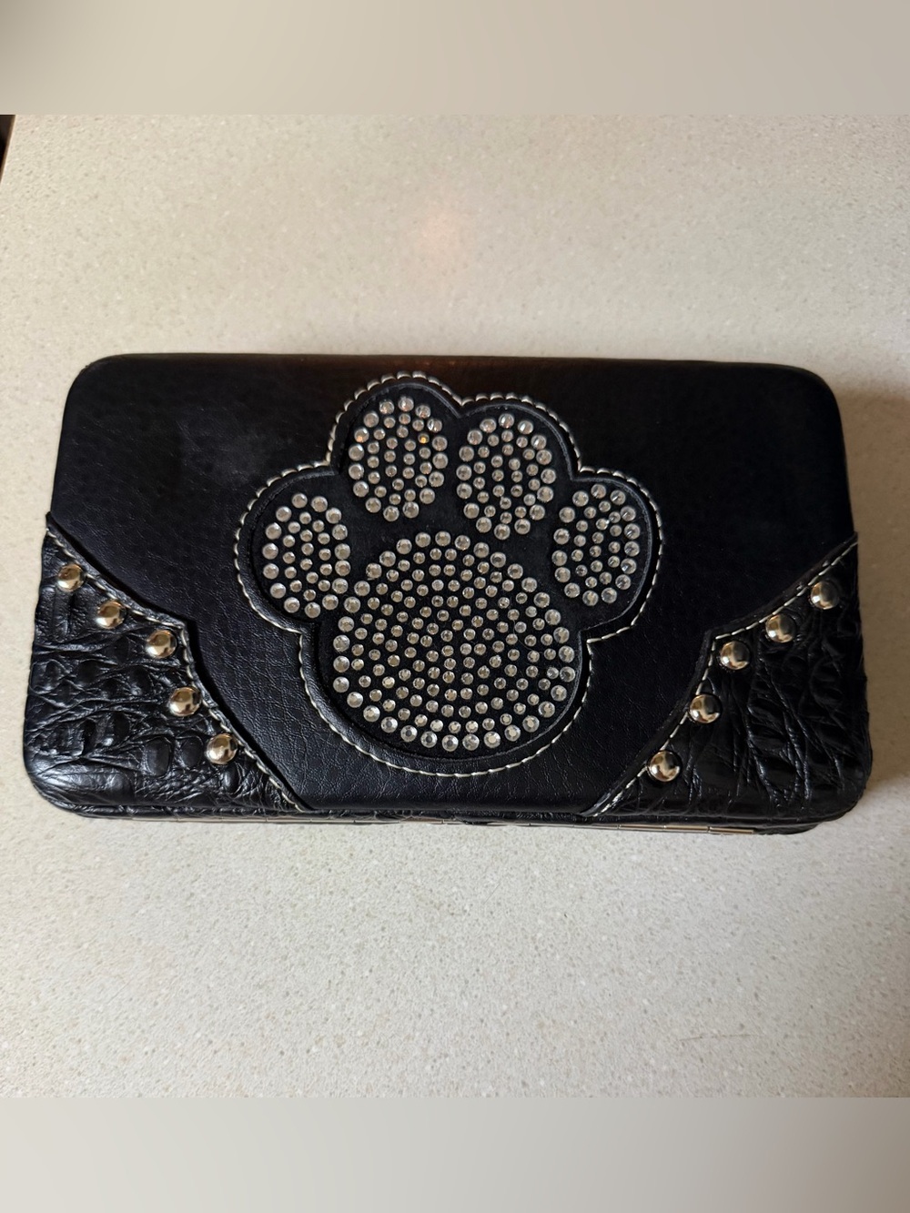 Black Studded Paw-Accent Women's Clutch